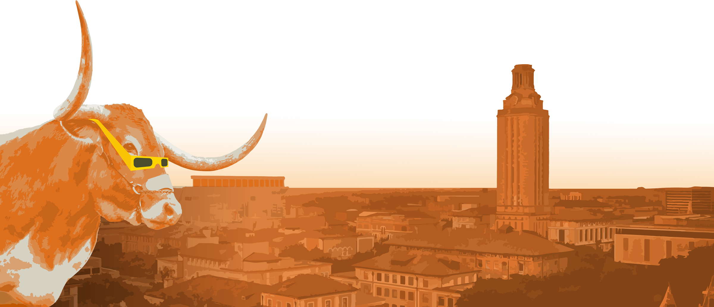 Illustration of Bevo wearing Eclipse glasses looking out at UT Campus