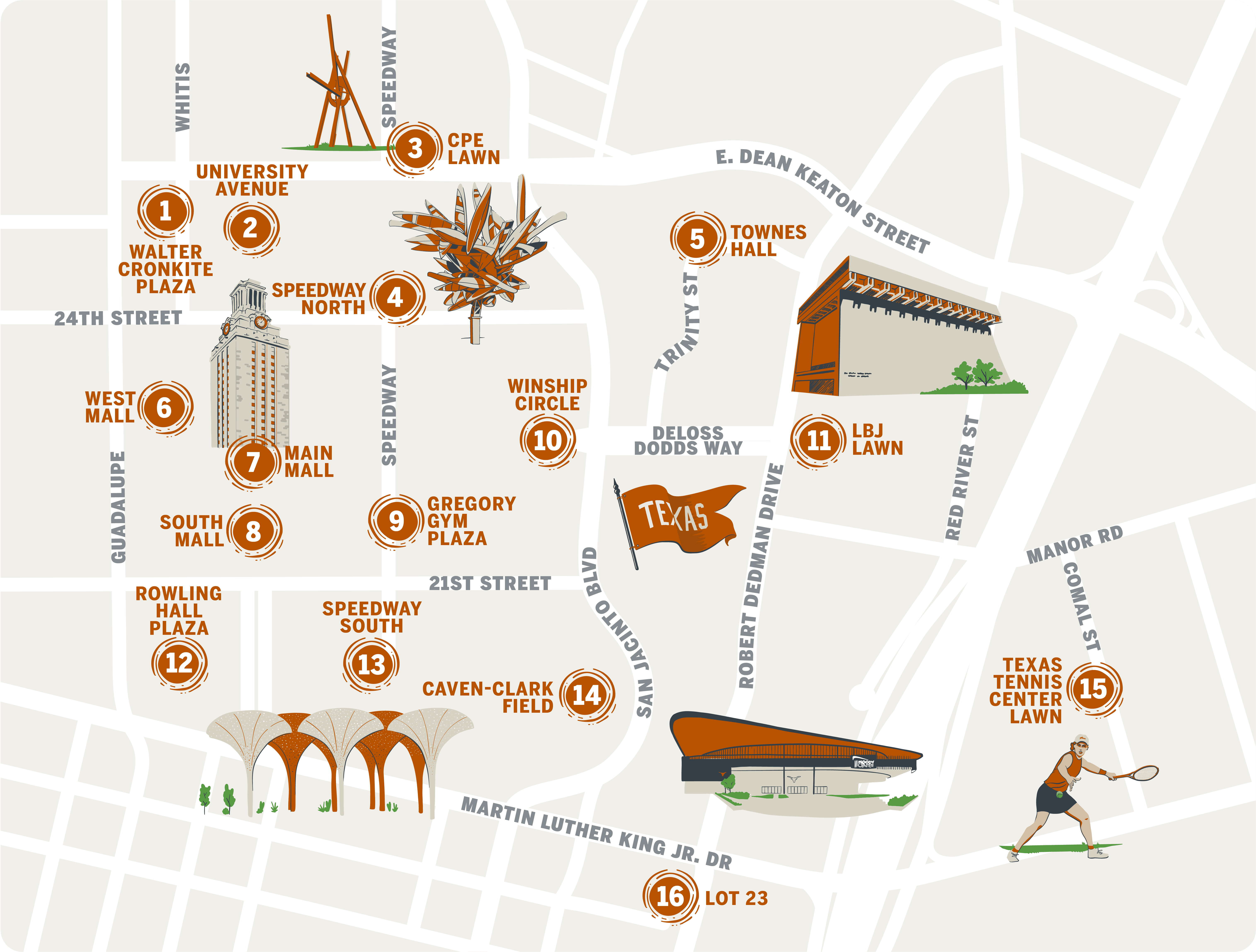 Illustrated map of UT campus marking the spots on campus where you can pick up your burnt-orange eclipse glasses, see the sun through a telescope, and learn more.