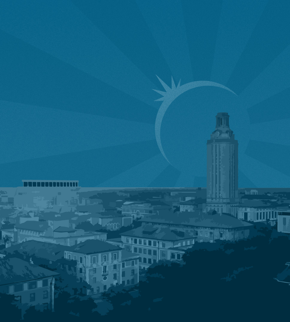 Illustration of an aerial view of UT Tower and campus with an eclipse behind the Tower