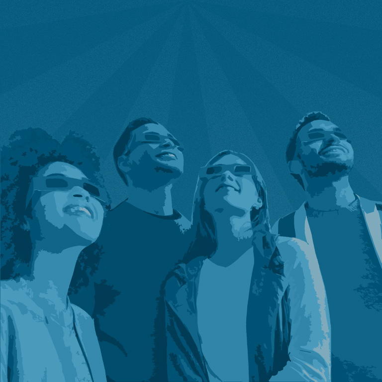 Illustration of 4 students looking up wearing eclipse glasses